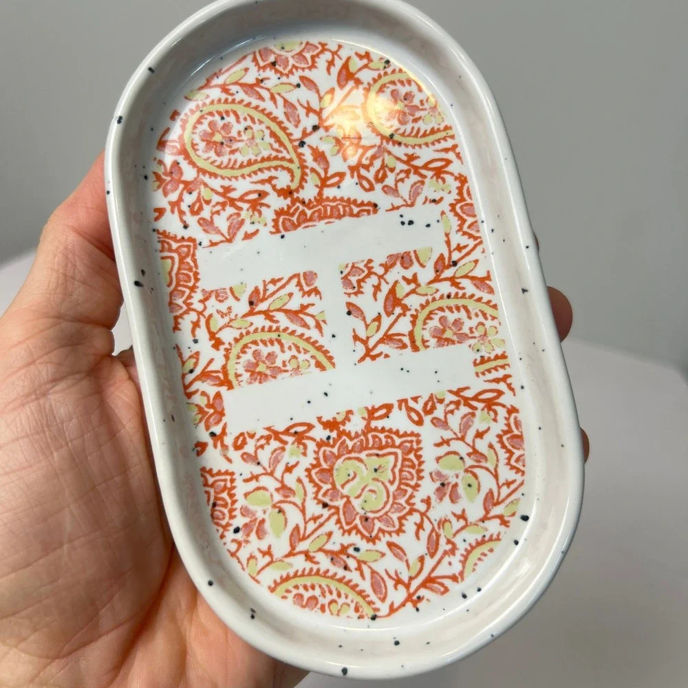 Anthropologie Trinket Dish Orange Monogram H Paisley Floral Tray Boho Beach